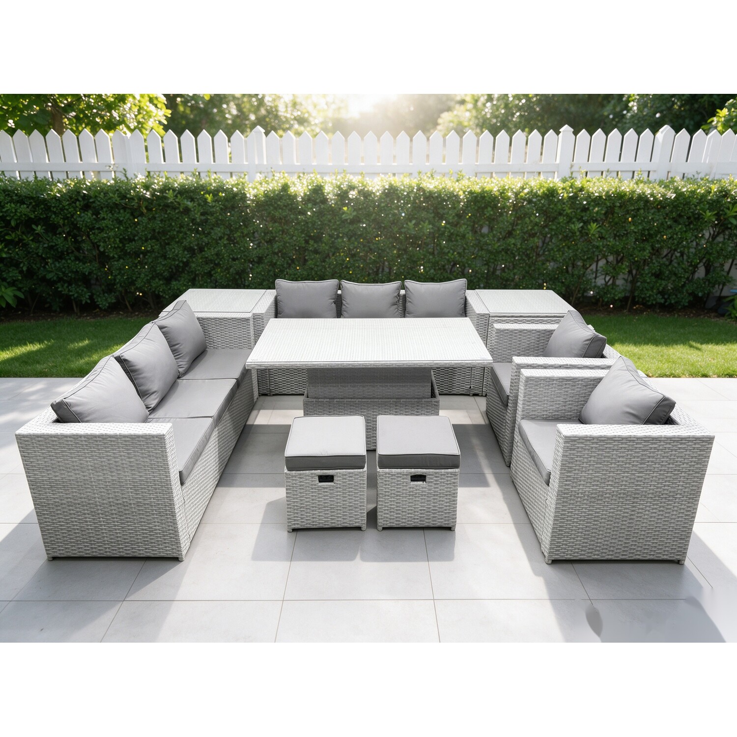 Rackhams Light/Grey Rattan Garden Furniture Set With Adjustable Rising Table, 2 Sofas, 2 Chairs, 2 Side Tables & 2 Stools - 10 Seater - Image 2