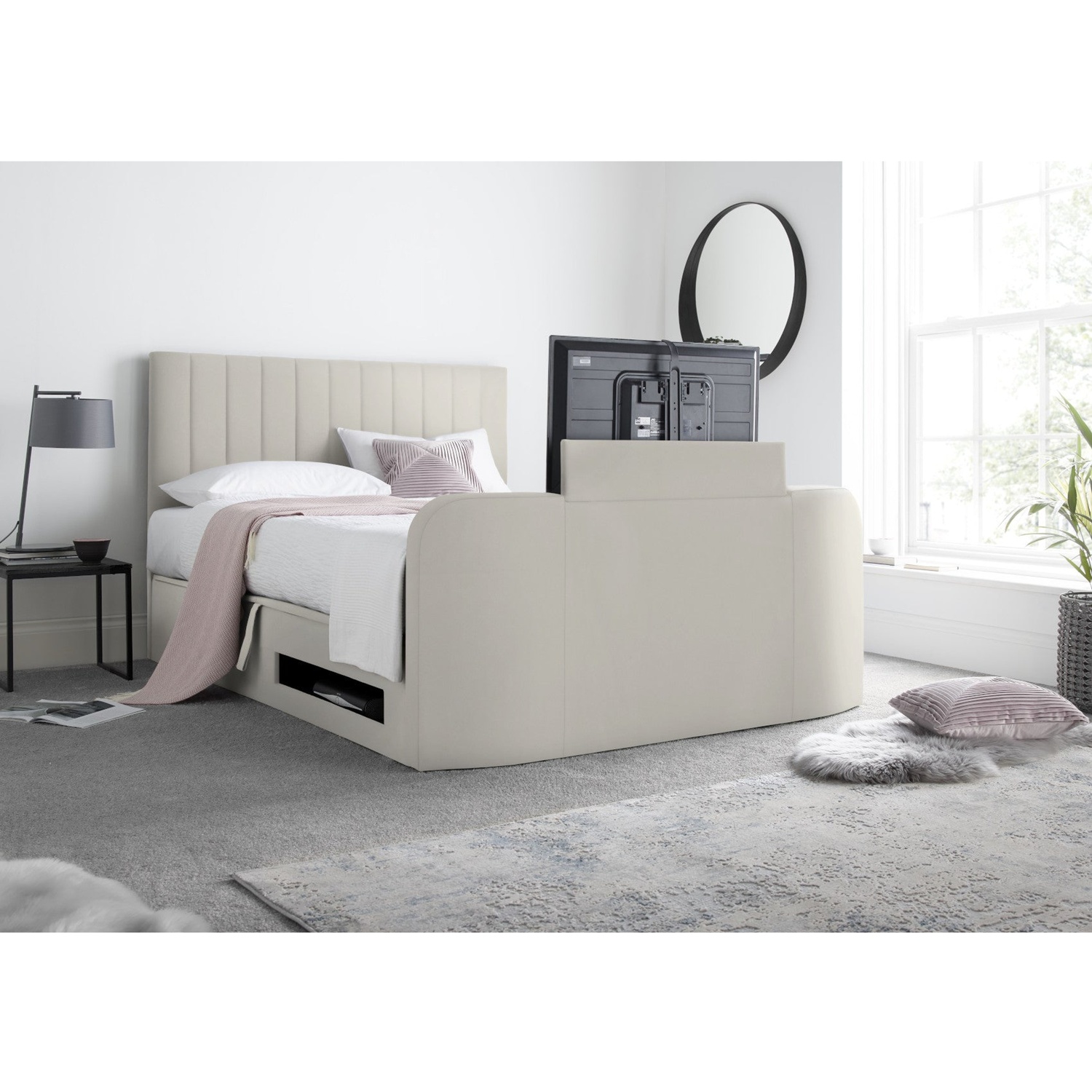 Time4sleep Fabric King Size Ottoman Bed Integrated Tv Feature