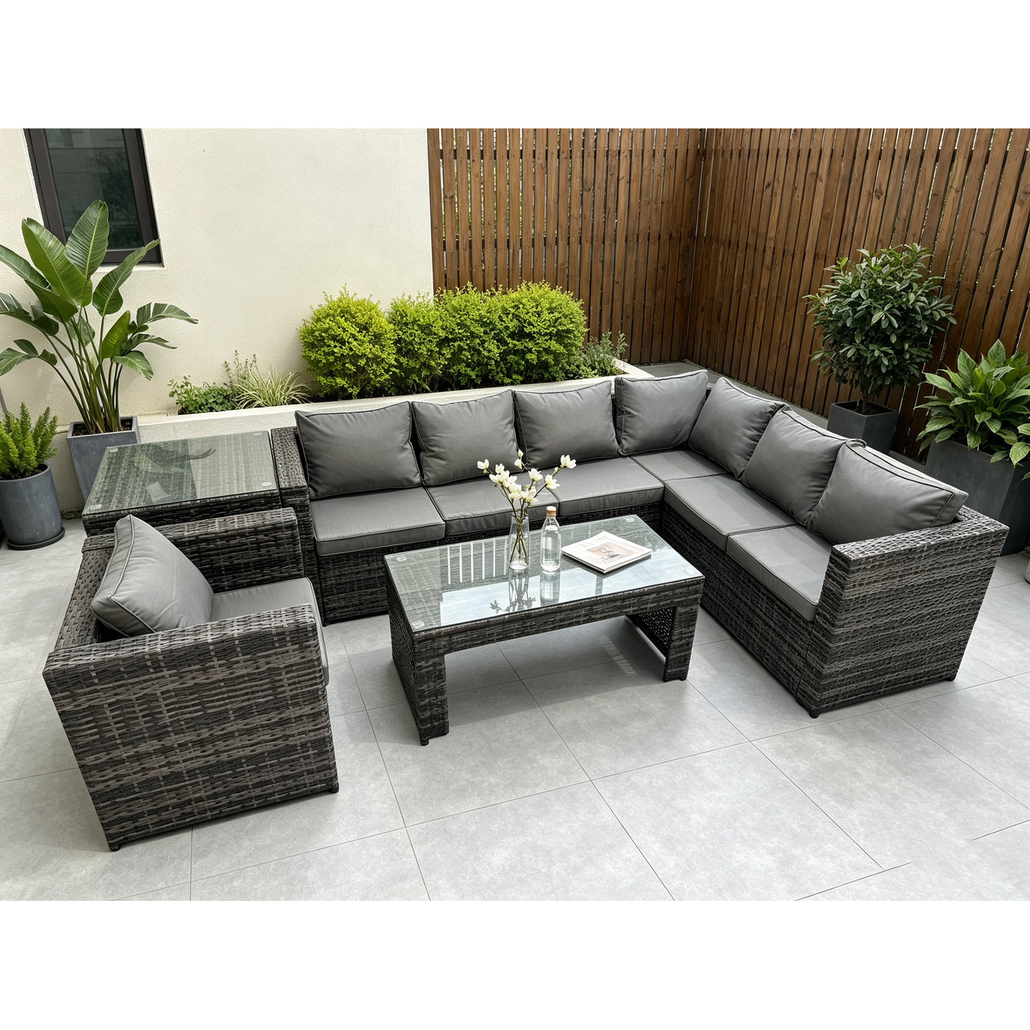 Fimous 7 Seater Rattan Corner Sofa Lounge Sofa Set With Rectangular Coffee Table With Arm Chair And Side Table Right Hand - Image 3