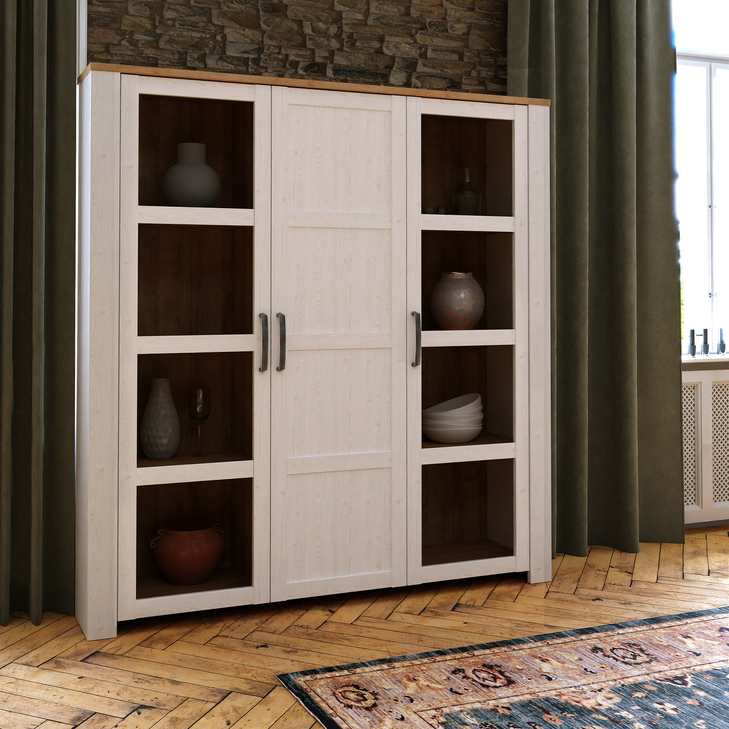 Florence Bohol Large Display Cabinet - 3 Door - White Riviera Oak - Image 5