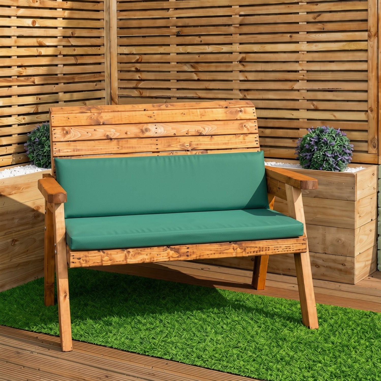 Samuel Alexander Hand Made Traditional 2 Seater Chunky Rustic Wooden Garden Bench With Green Cushions - Image 3