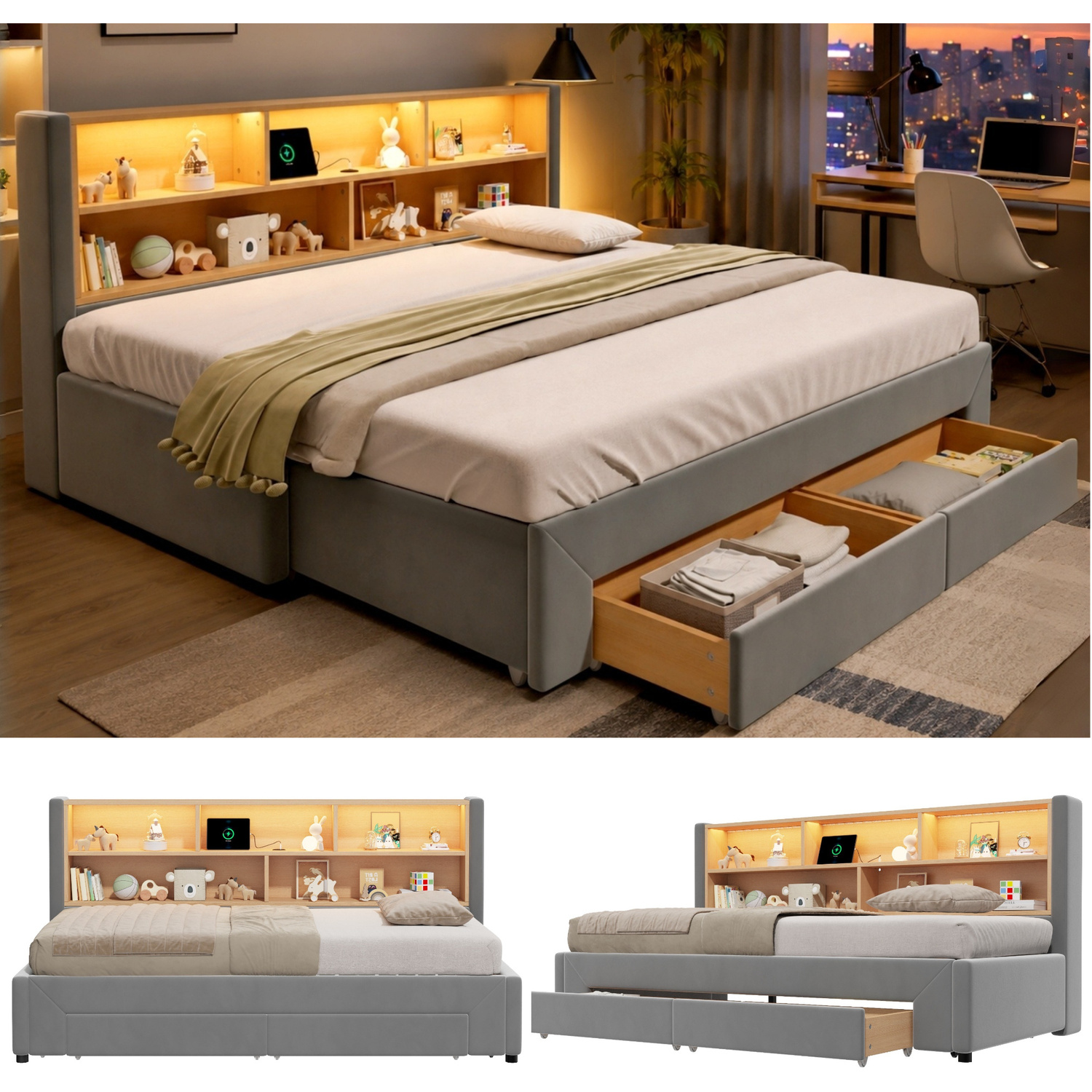 Aka Extendable Sofa Bed With Led, Storage & Drawers - Grey