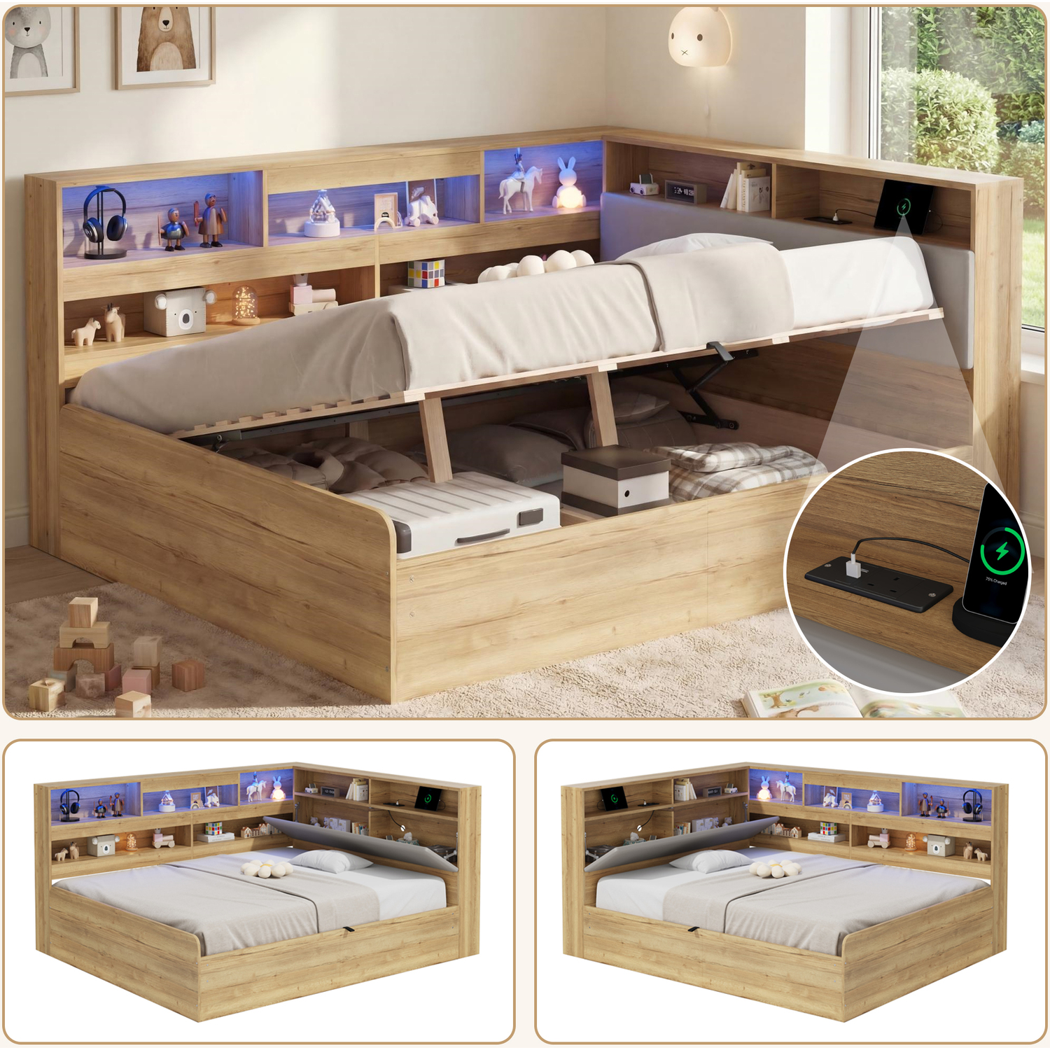 Aka Double Hydraulic Storage Bed With Led & Usb, White - White