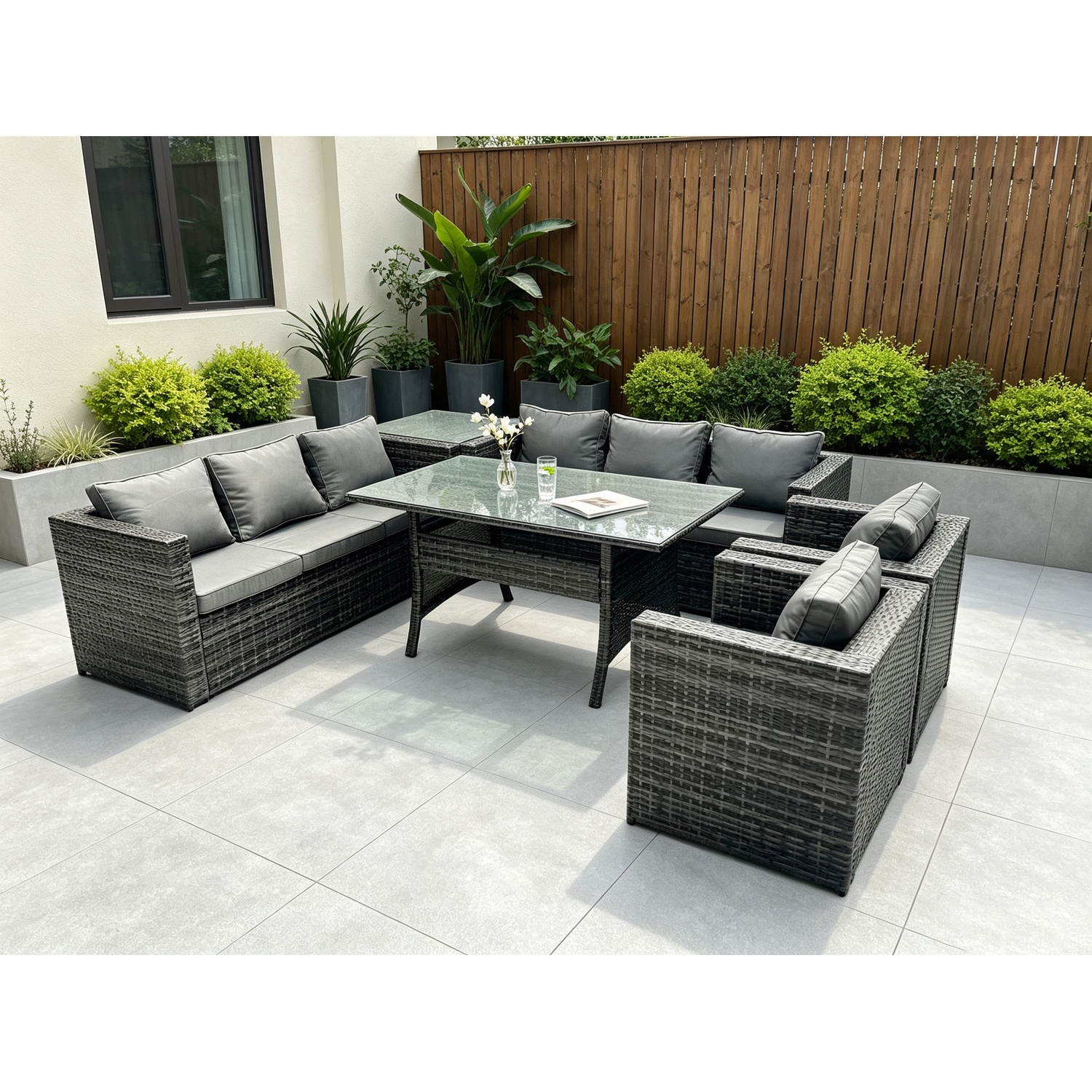 B&Q - Outdoor Garden Furniture Rattan Lounge Sofa Set Patio Rectangular Dining Table With 2 Armchair Side Table 8 Seater - Image 2