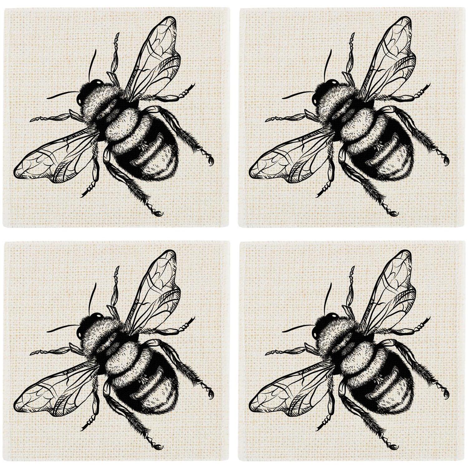 Purely Home Honey Bee Fabric Coaster Set - Table Decor Gifts For Bee Lovers - Set Of 4 - Yellow
