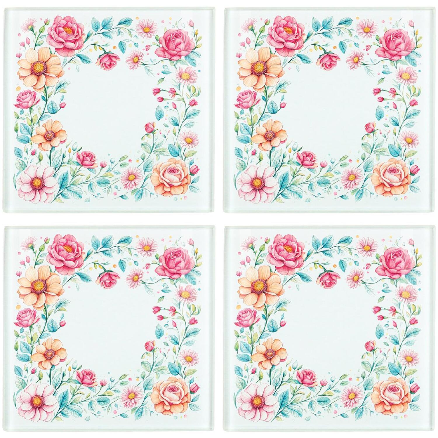 Flower Border Glass Coaster Set - Pretty Roses & Leaves Drinkware Gifts - Image 2