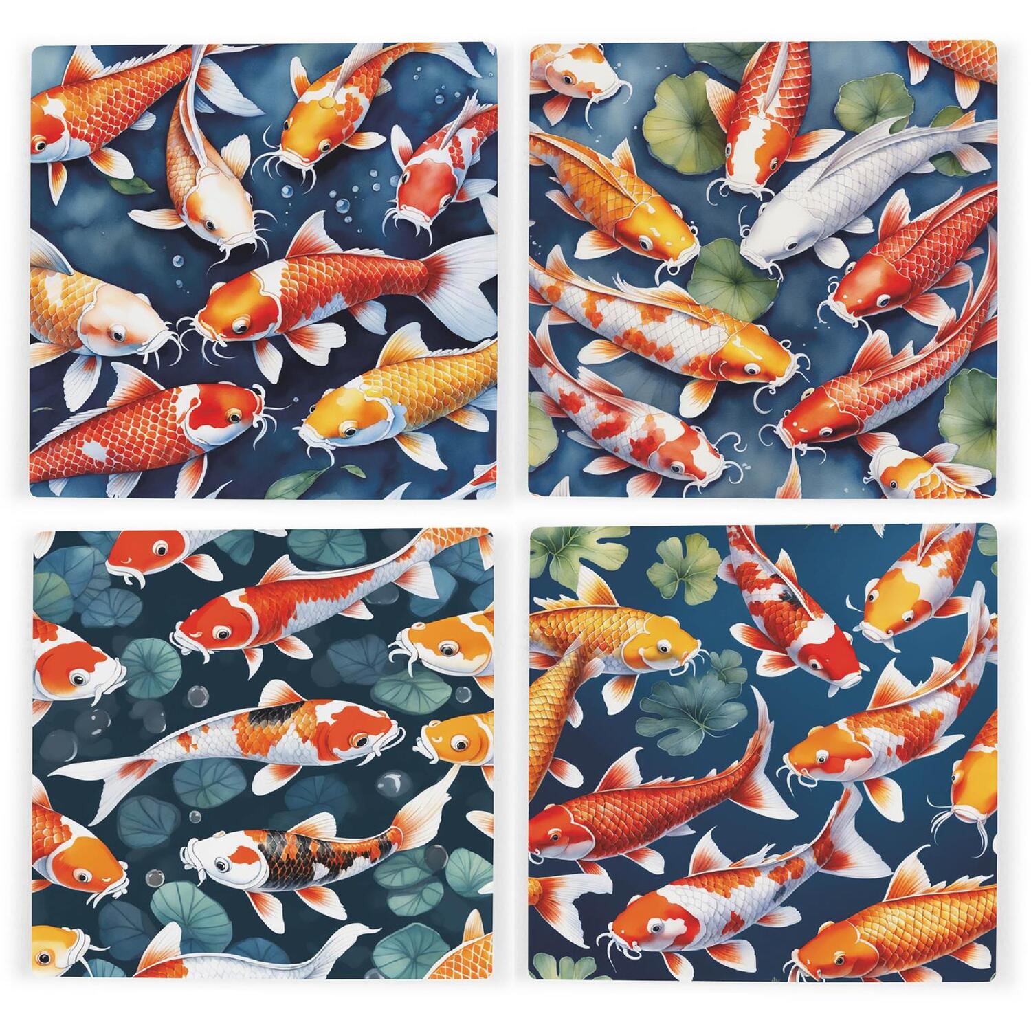 Purely Home Koi Fish Coaster Set - Square Ceramic Set Of 4 Coasters - Multi