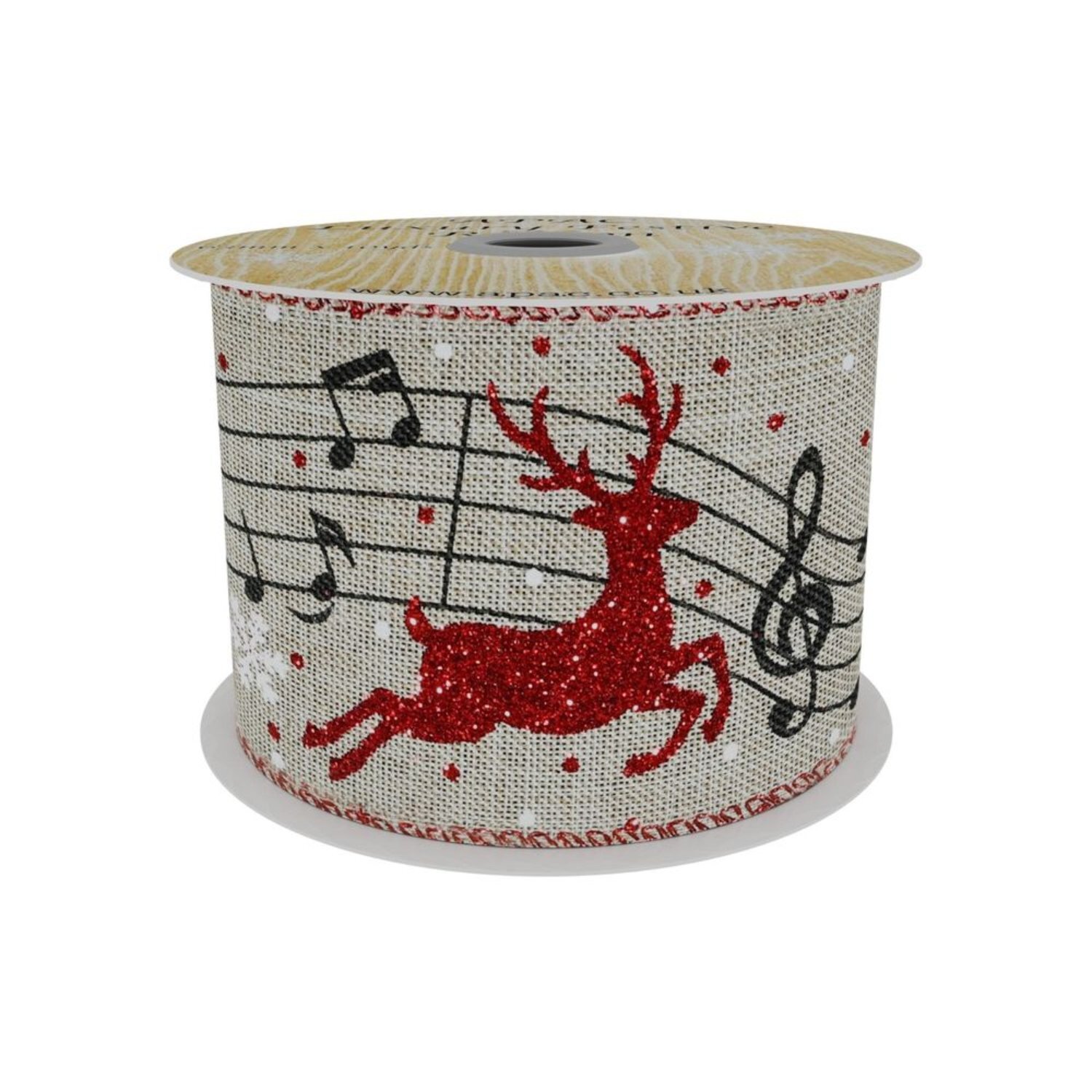 Kdmd Natural Ribbon With Red Reindeer And Musical Notes X 10Yd - Red