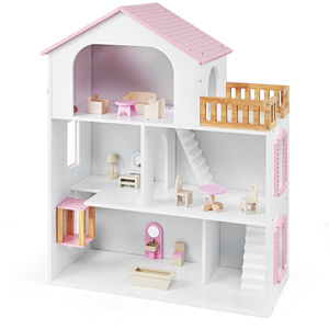 Costway 3 Story Wooden Dollhouse Playset with Rooms-Pink