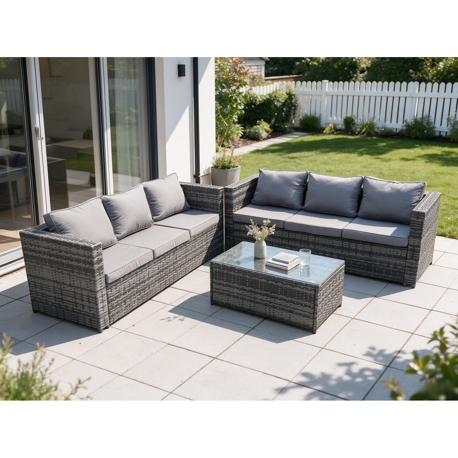 B&Q - 6 Seater Rattan Garden Furniture Set Outdoor Patio Sofa Set With Oblong Table Dark Grey Mixed - Image 2