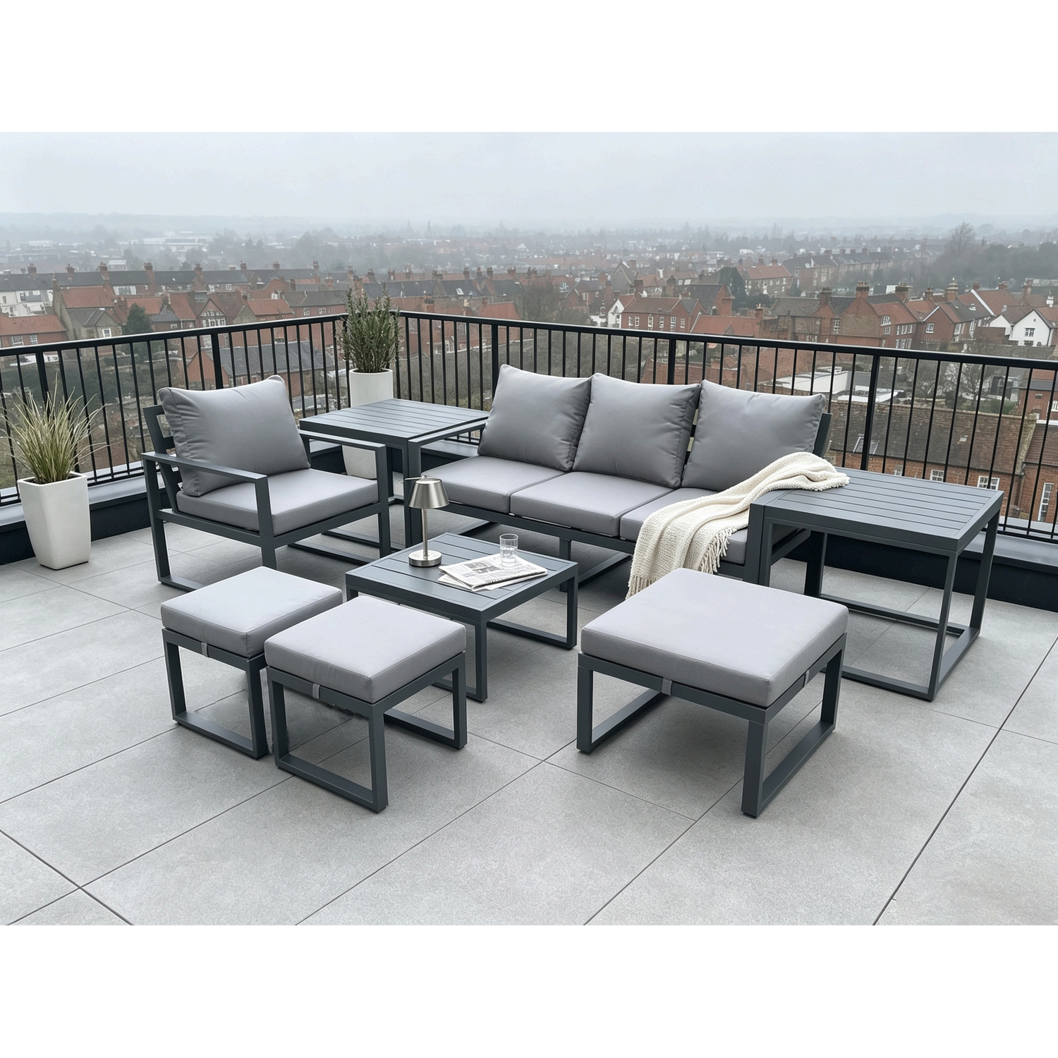 Fimous Dark/Grey Aluminium Outdoor Garden Furniture Set Sofa Chair Square Coffee Table With 2 Side Tables 3 Footstools 7 Seater - Image 2