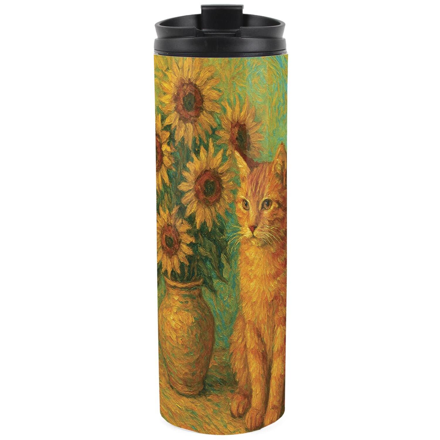 Van Gogh Sunflowers Cat Portrait - 500ml Stainless-Steel Travel Flask Gift - Image 2