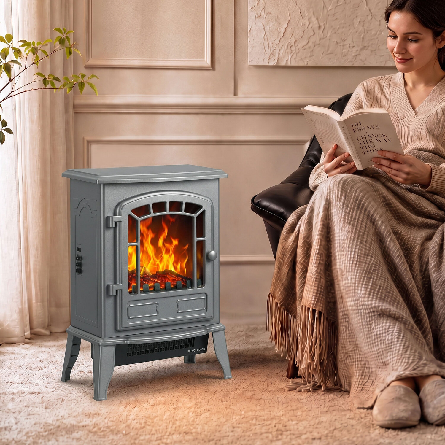 Homcom Unisex Grey Freestanding Electric Fireplace Stove With Led Flame, 2000W, | : Medium - Image 3