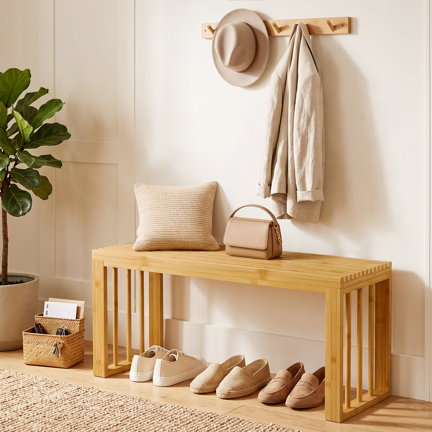 Homcom Unisex Natural 90 Cm Bamboo Shoe Bench, Backless Hallway Bench Seat, - Image 5