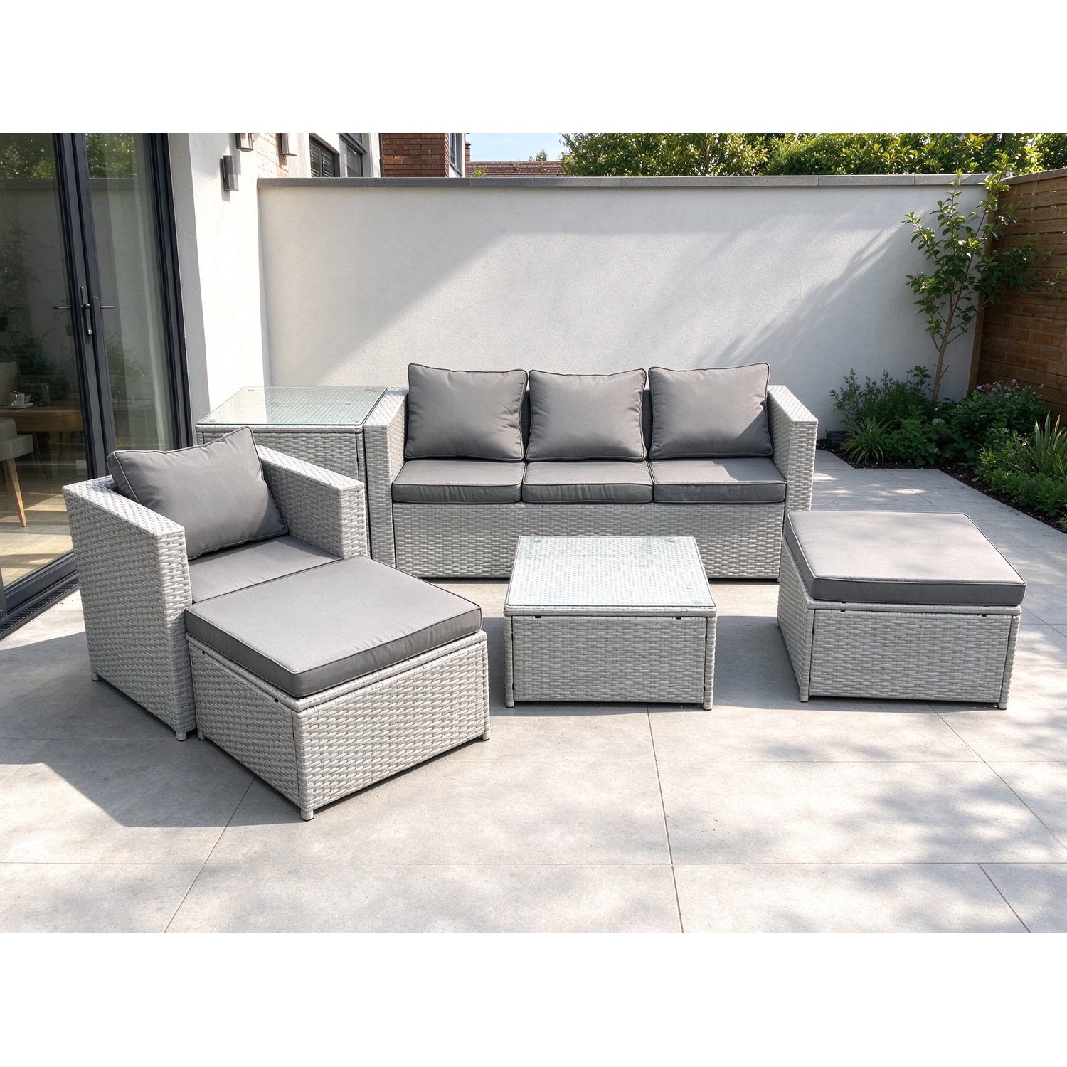 Fimous Light/Grey Garden Outdoor Furniture Set 6 Seater Rattan Sofa Set With 2 Big Footstools Armchair Side Table Mixed - Image 2
