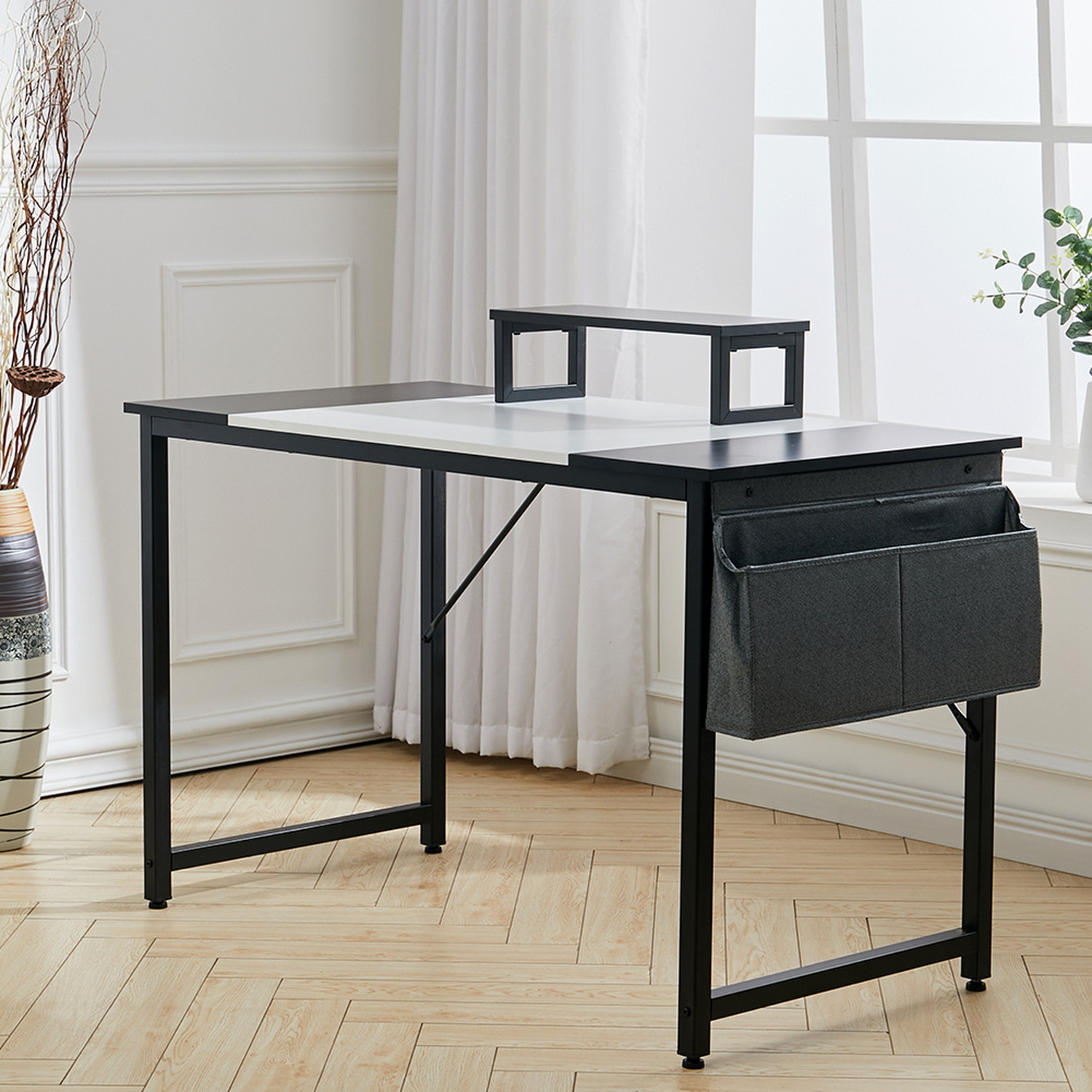 Tiger Grain Computer Desk With Side Storage Bag - White 120cm