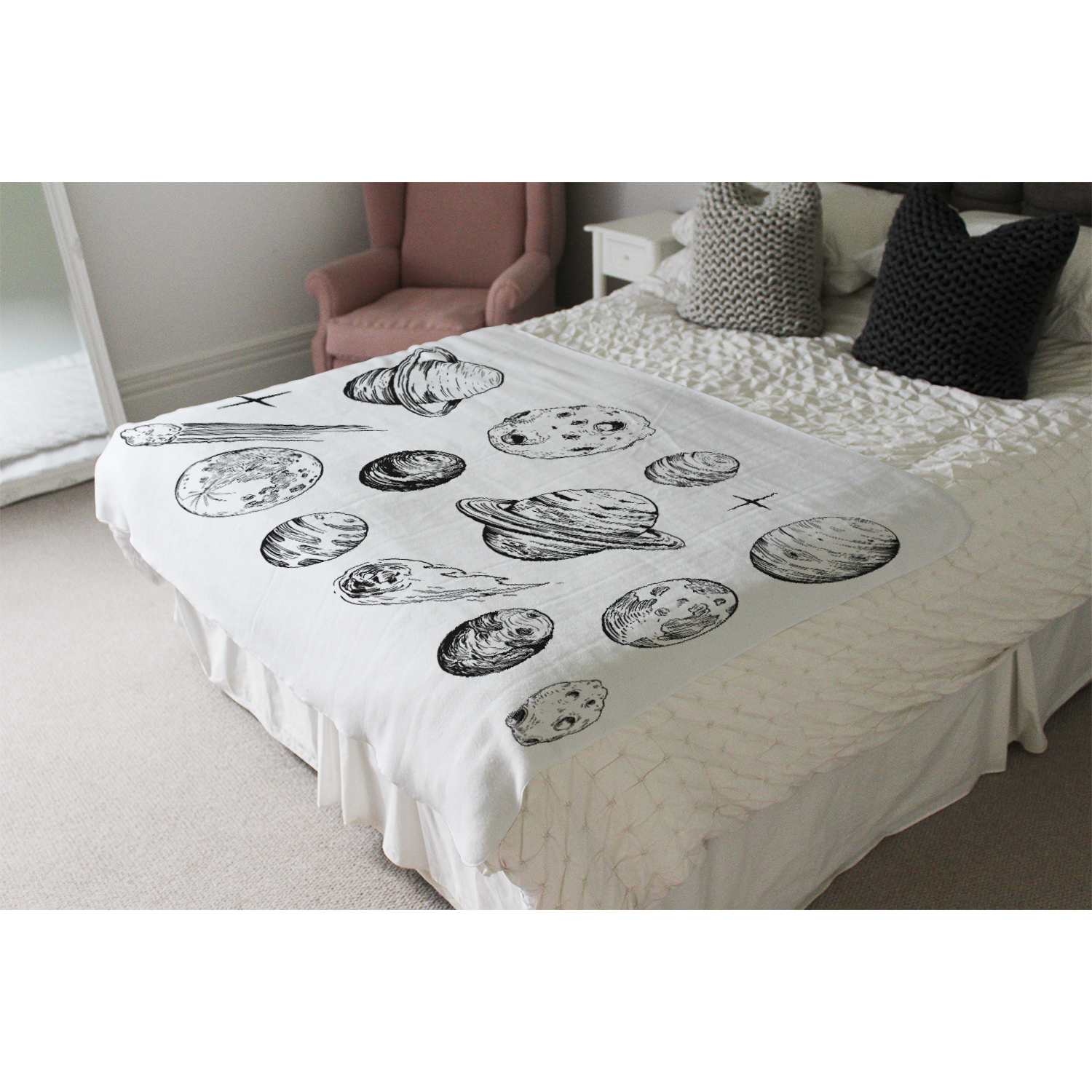 Set Of Space Objects Planets, Stars Blanket - White