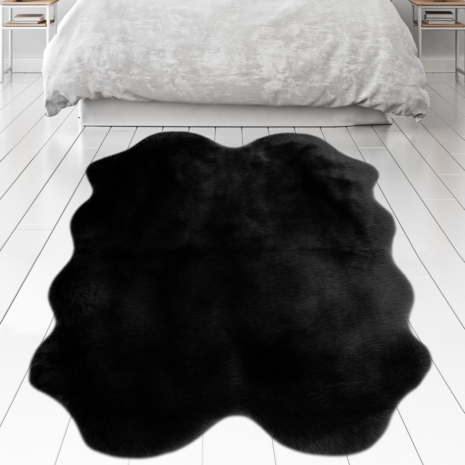 The Rug Wholesaler - Black Cosy High Pile Faux Fur Sheepskin Rug - Kinsale - Black / 150cm thumbnail