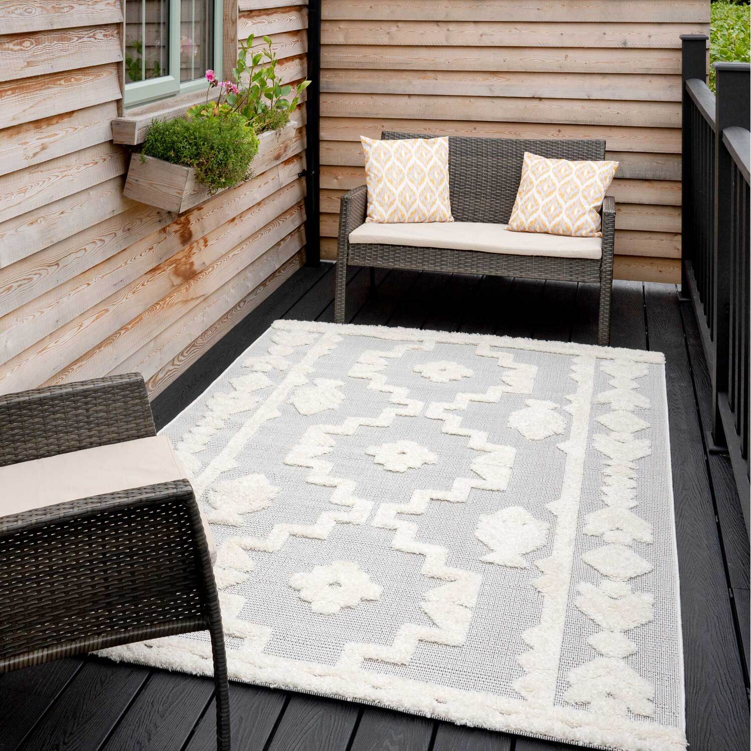 The Rug House - Grey Beige Pisces Bordered Geo Textured Flatweave Indoor Outdoor Rug - Grey / 290 x 200cm thumbnail
