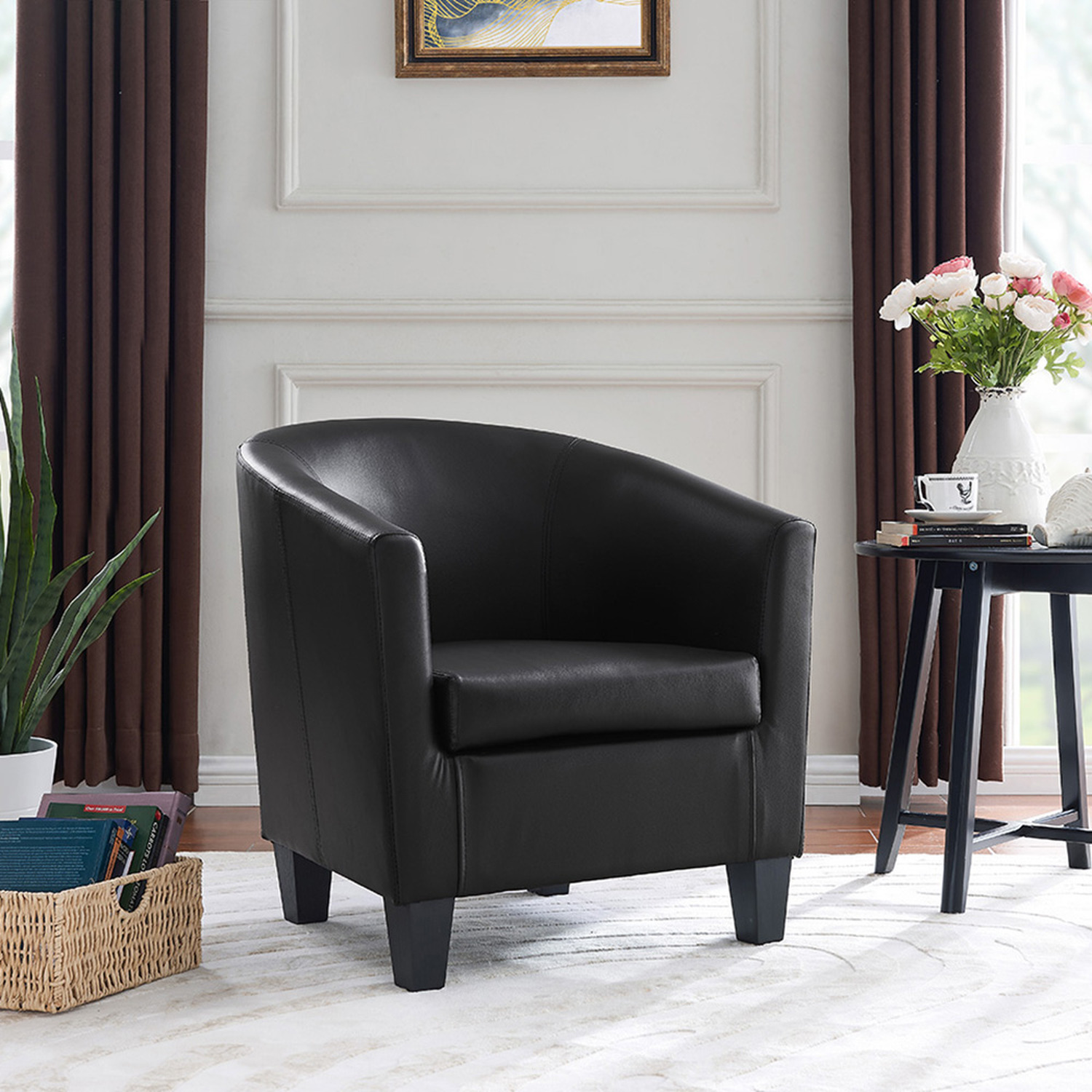 Audrey Accent Bucket Tub Chair Occasional Armchair Wood Effect Legs - Black
