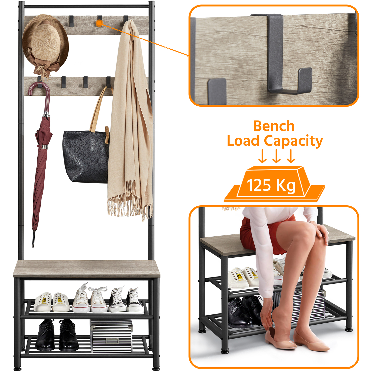 Yaheetech Metal Hall Tree With Shoe Storage Bench - Grey 72 5cm