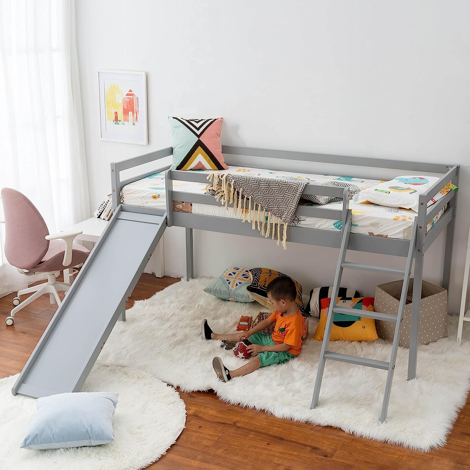 Kids Pine Mid-sleeper Bed With Slide - Grey
