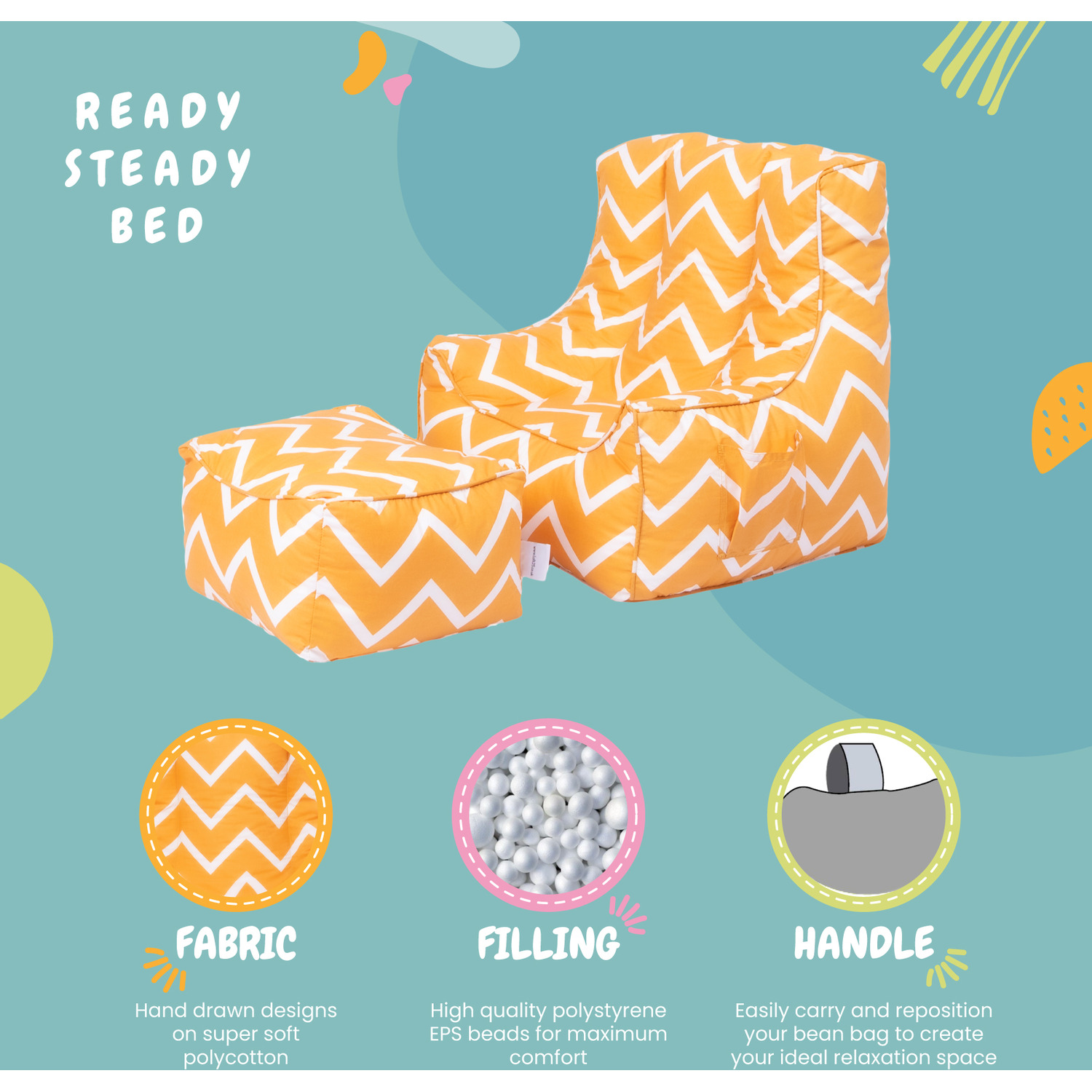 Kids Bean Bag Armchair With Footstool Printed Beanbag Chair Pouf - Zigzag Zigzag