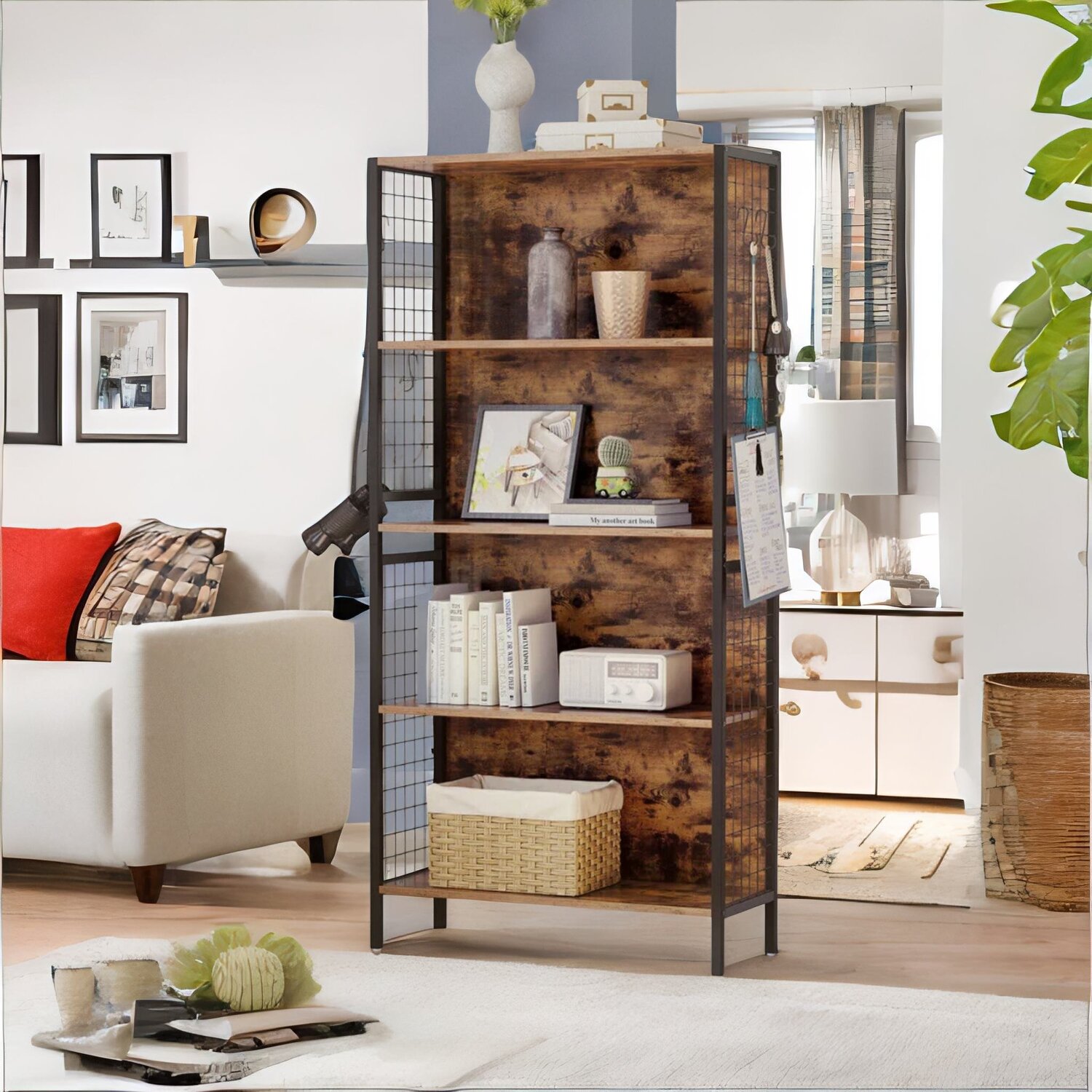Industrial 4 Tier Bookcase Storage Cabinet Rustic Shelving Unit - Brown