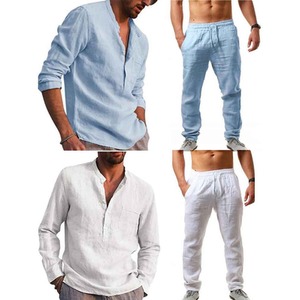 Men's Long Sleeve V-Neck Casual Beach Linen Shirt and Pants