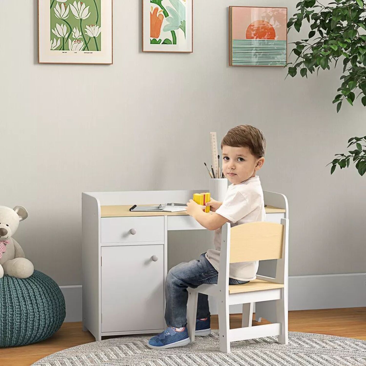 Kids Wooden Desk And Chair - Natural And White