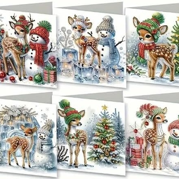 Pack of 6 Reindeer and Snowman Diamond Art Cards