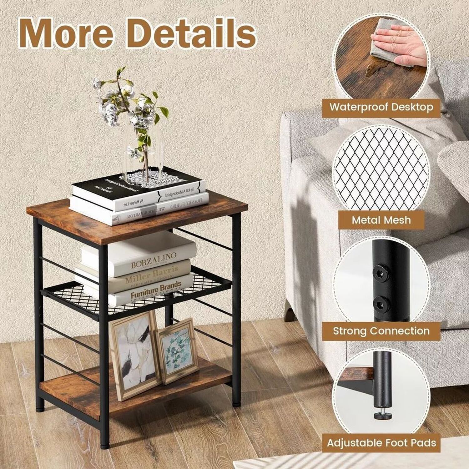 Minimalist Bedside Table With 2 Shelves - Brown
