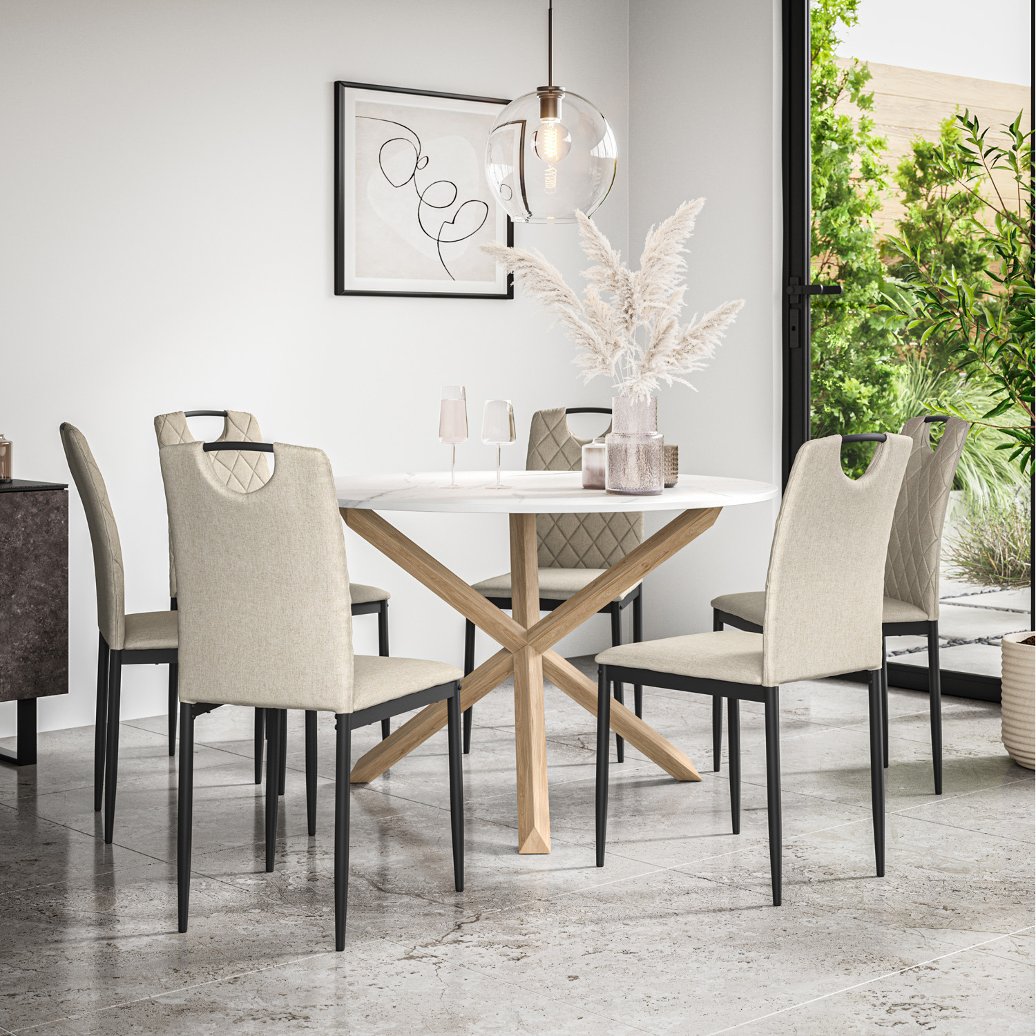 Malvern Round Marble Effect Dining Table Set With Oak Legs - Beige 6