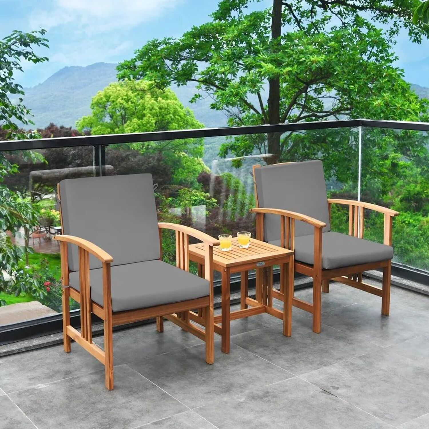 Outdoor Acacia Wood Bistro Set with Cushions - Grey