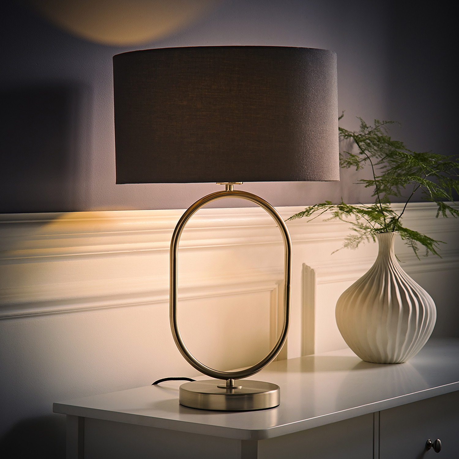 Antonia Brushed Chrome Oval Table Lamp with Drum Shade and LED Bulb - Charcoal