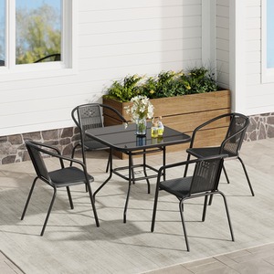 Tempered Glass Garden Table Set with 4 Rattan Chairs