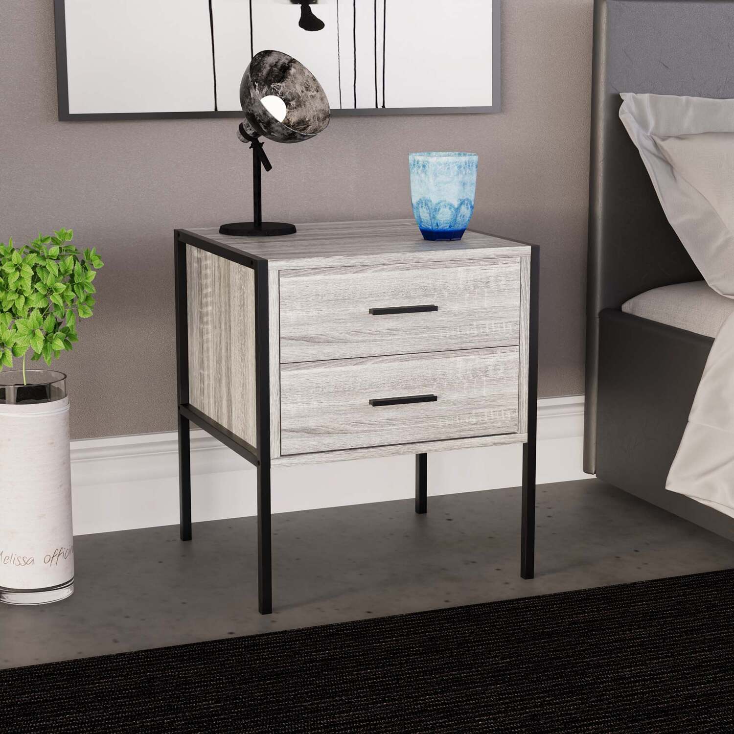 Brooklyn 2 Drawer Bedside Table Chest Nightstand - Grey