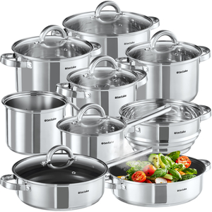 Saucepan Set, 15-Pieces, 5 Saucepans, 2 Frying Pans, Steamer, Milk Pot
