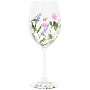 Hand Painted Flowers and Bees Wine Glass