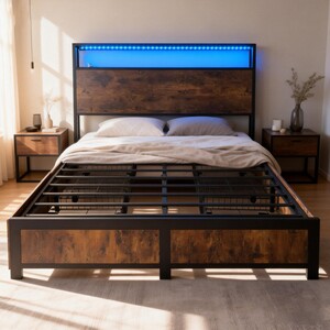 4FT6 Metal Bed Frame with LED Light Strip, 4 Drawers and 2 Charge Port