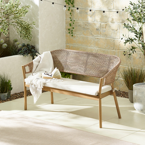Asa Wood, Wicker  Cream 3 Seater Garden Bench