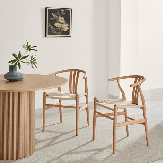 2x Caia Wood  Rope Wishbone Dining Chairs