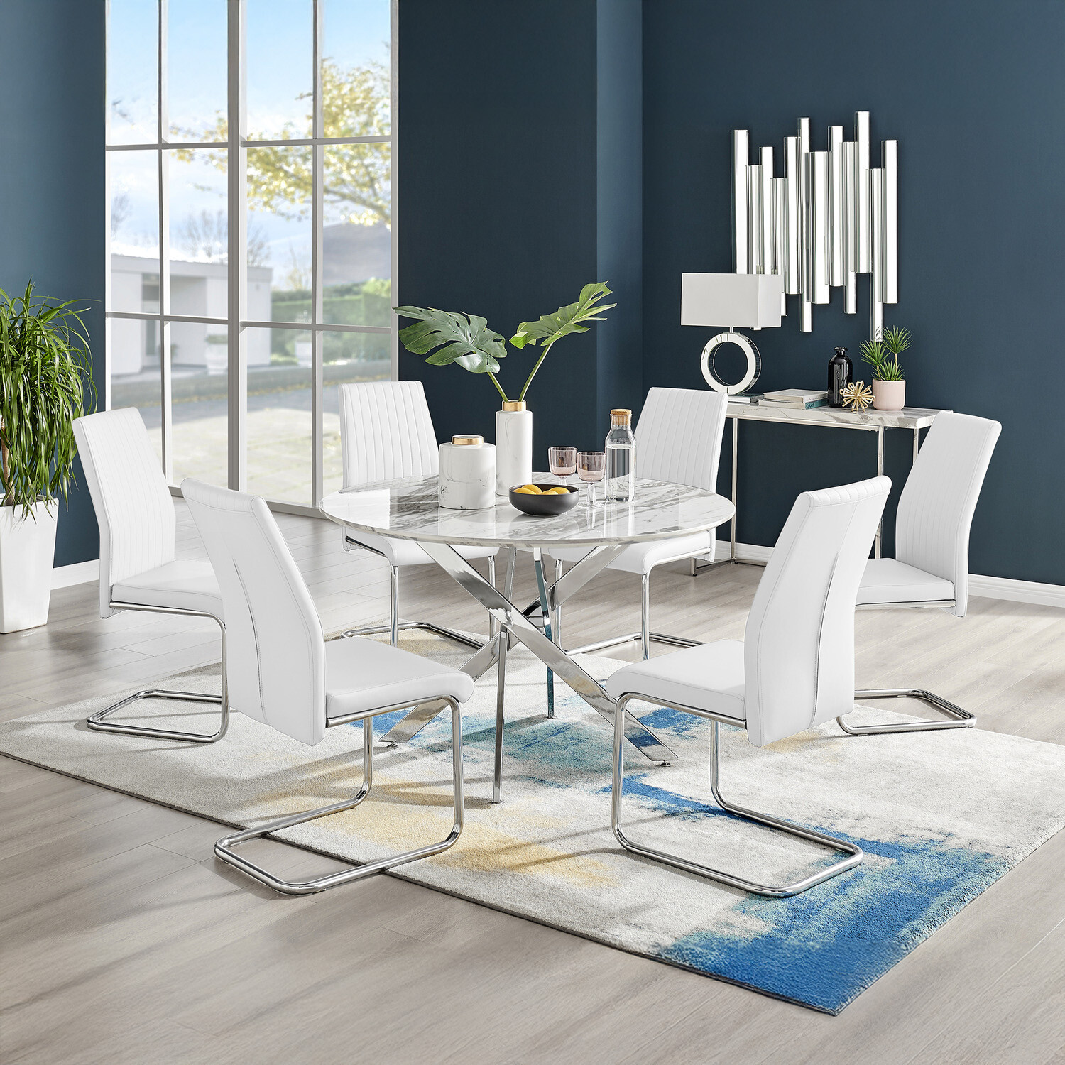 Novara White Marble Effect 120cm Dining Table and 6 Lorenzo Chairs - White