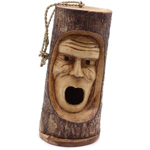 Hand-Carved Tree Trunk Bird House with Grumpy Old Man Face