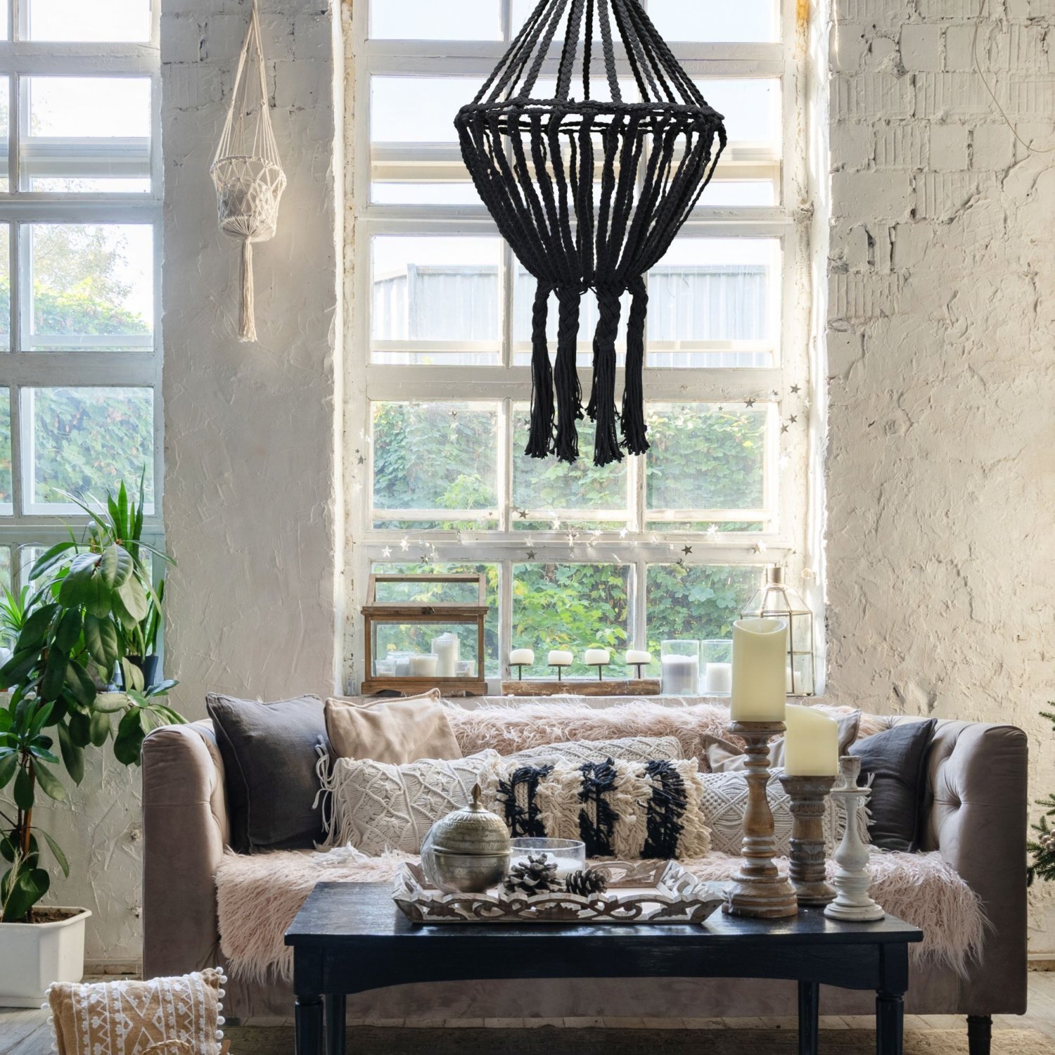 Elegant Macrame Drop Chandelier Boho Rustic Decor - Black
