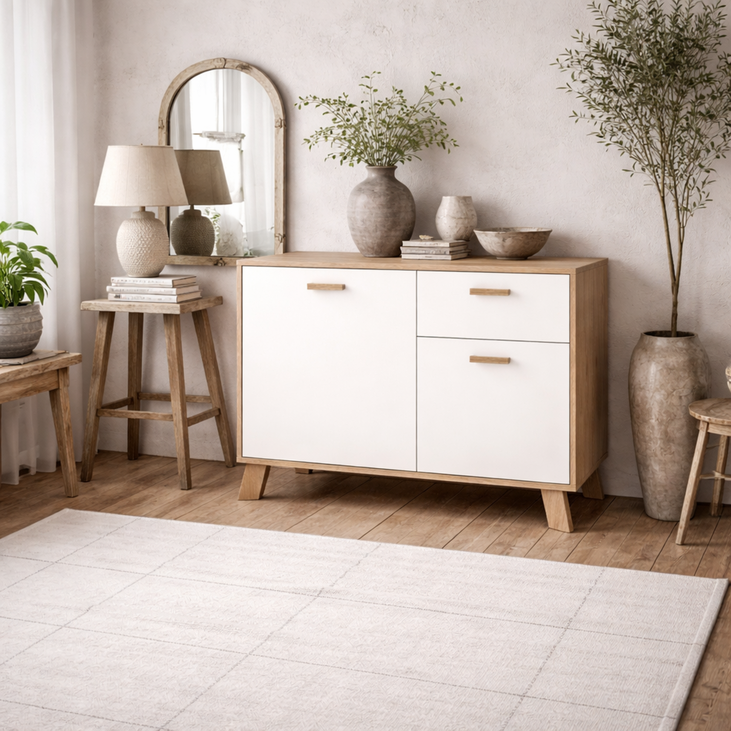 Wyld Haus Hobro Sideboard White And Natural Oak 2 Doors 1 Drawer Compact - Natural