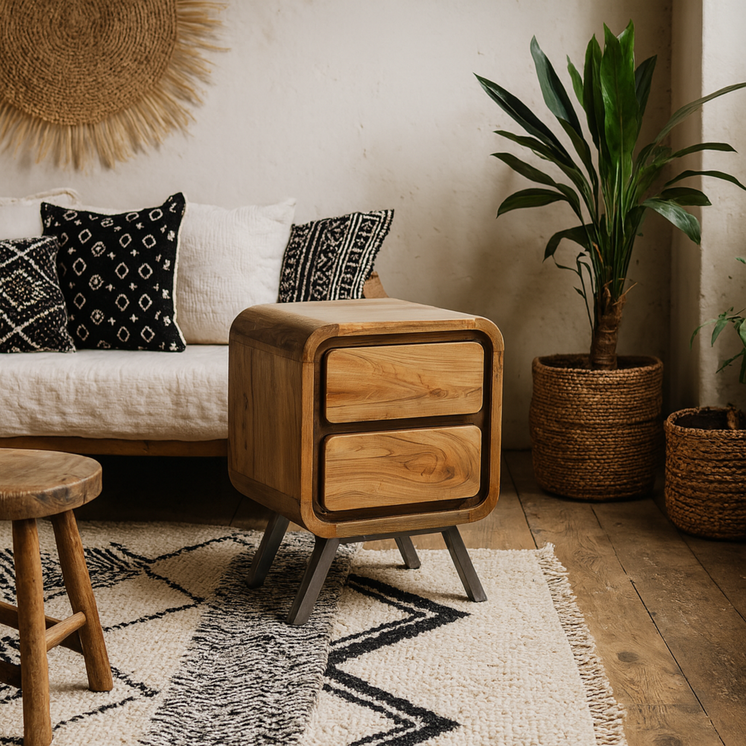 Los Angeles Reclaimed Wood and Metal 2 Drawer Bedside Table - Brown