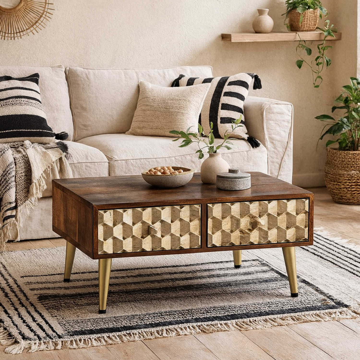 Beijing Mango Wood Coffee Table 2 Drawers Gold Geometric Pattern Hairpin Legs - Brown
