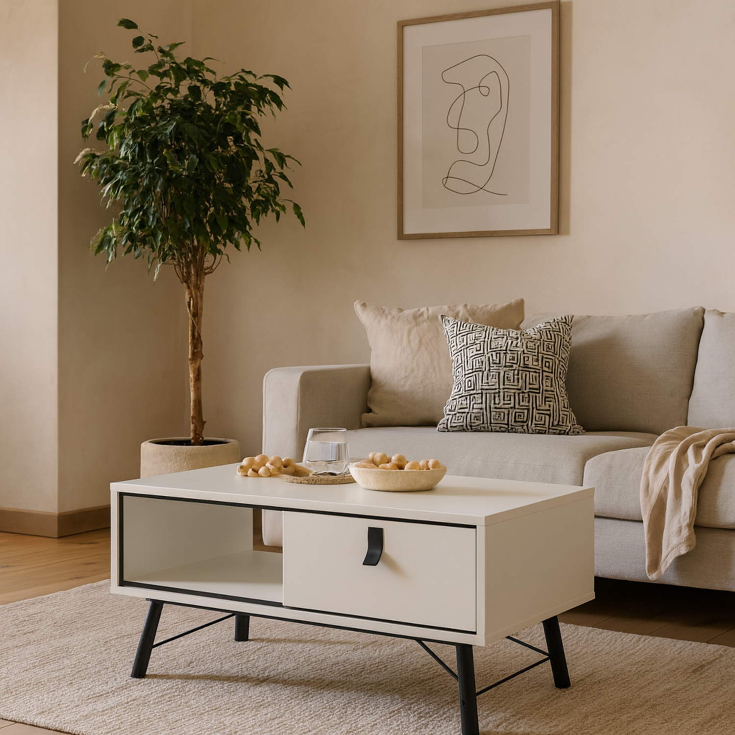 Juno Coffee Table Matt 1 Drawer Hairpin Legs - White
