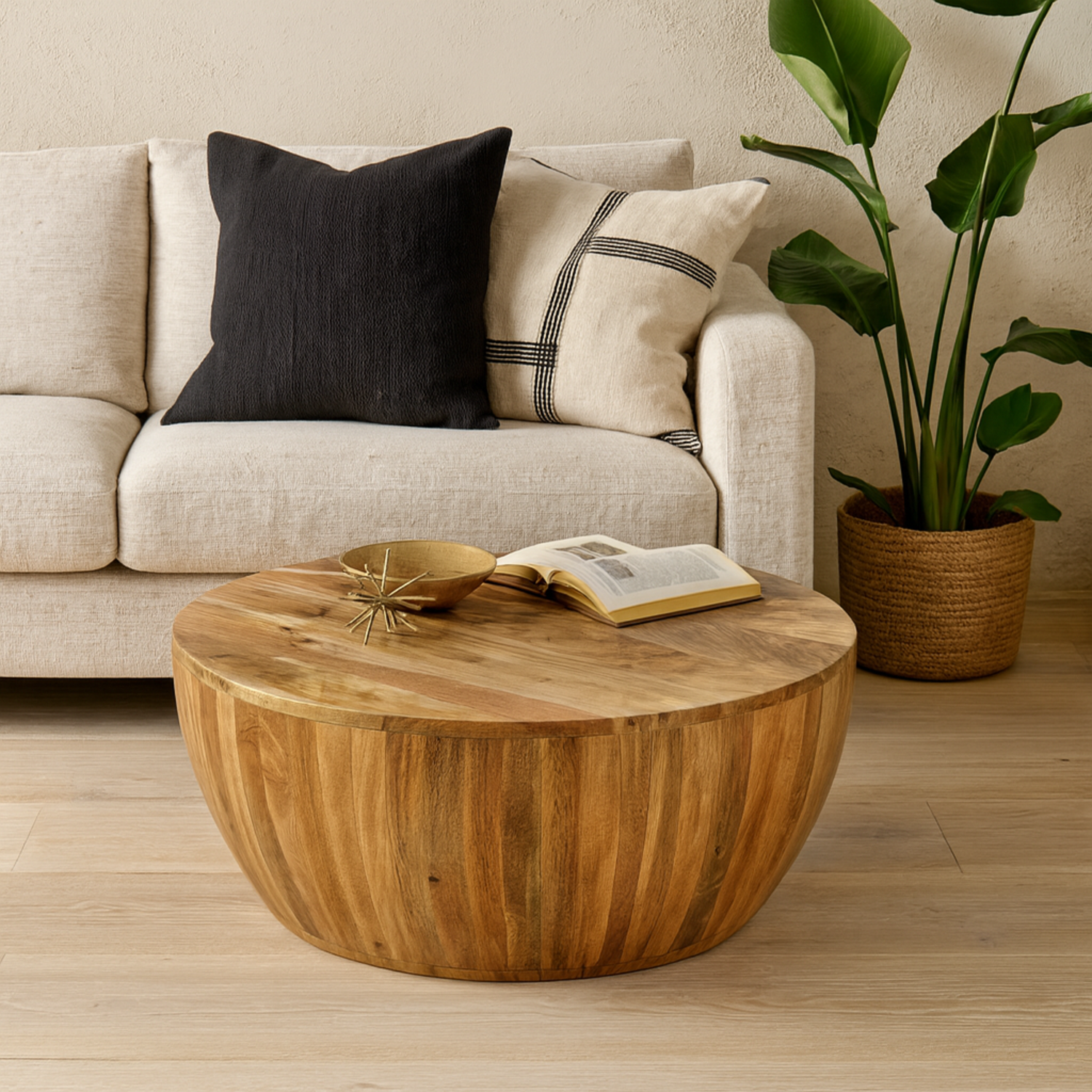London Round Mango Wood Drum Coffee Table Matt Natural - Brown
